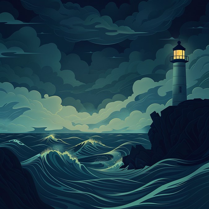 A Lighthouse In The Dark By The Sea Storm Illustration